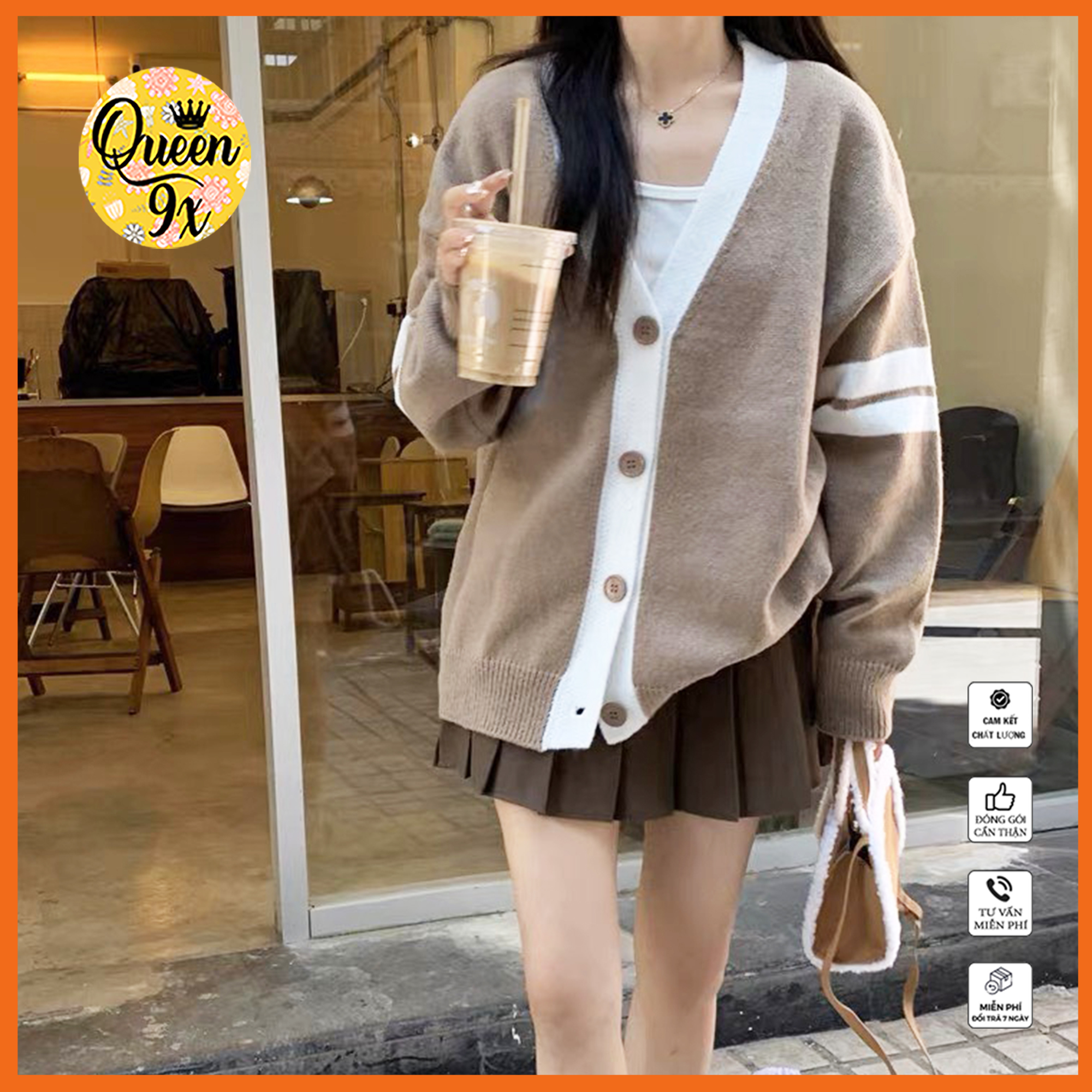 Áo Khoác Cardigan 2 Sọc Tay Xám Đen Nâu Basic