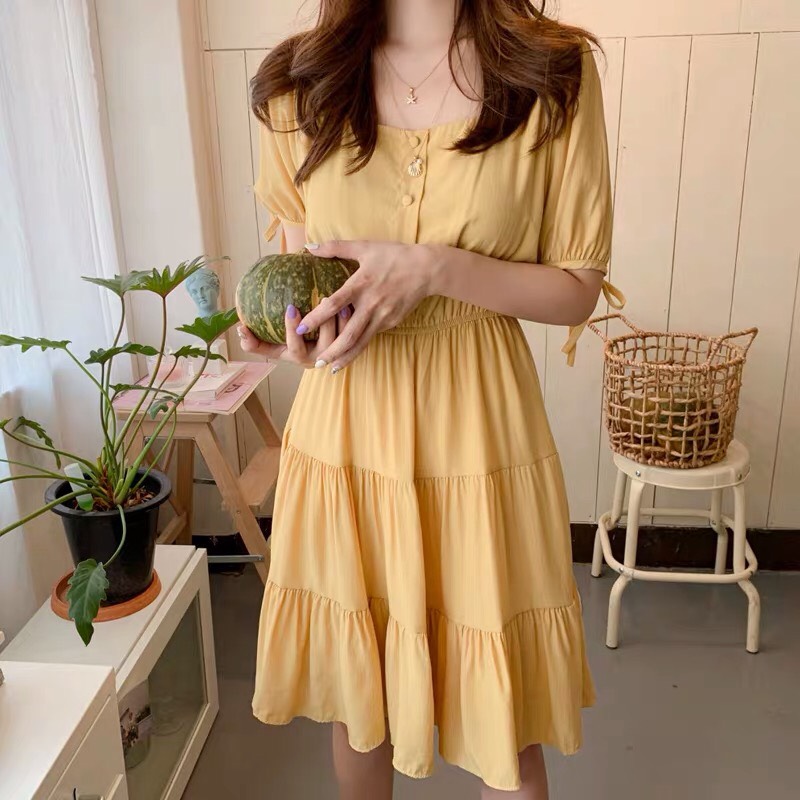 Đầm voan xòe bo eo phối nút đơn giản TTSA0144