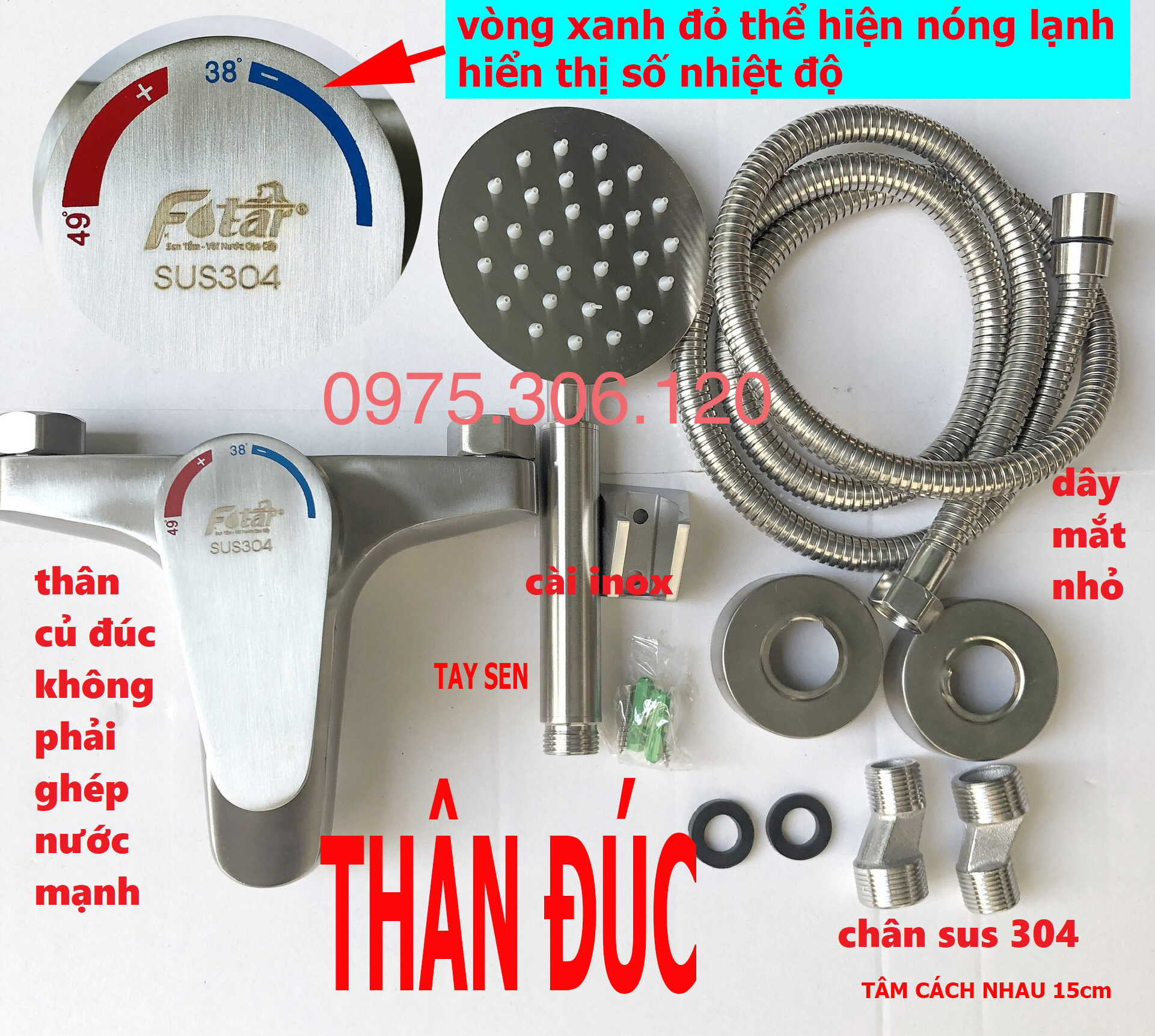 LOẠI 1-THÂN ĐÚC Bộ Củ Sen Tắm Nóng Lạnh và Tay Sen Tắm và Dây Sen INOX 304 N2002 Fotar CỦ TRÒN BÈ inox 304 chống han gỉ sáng bóng vòi sen tắm