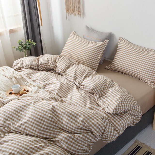 Bộ chăn ga gối cotton poly caro be