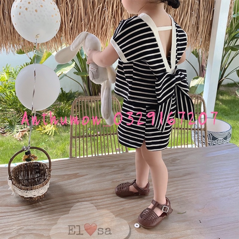 [SET BÉ GÁI] Bộ kẻ kèm nơ cho bé gái