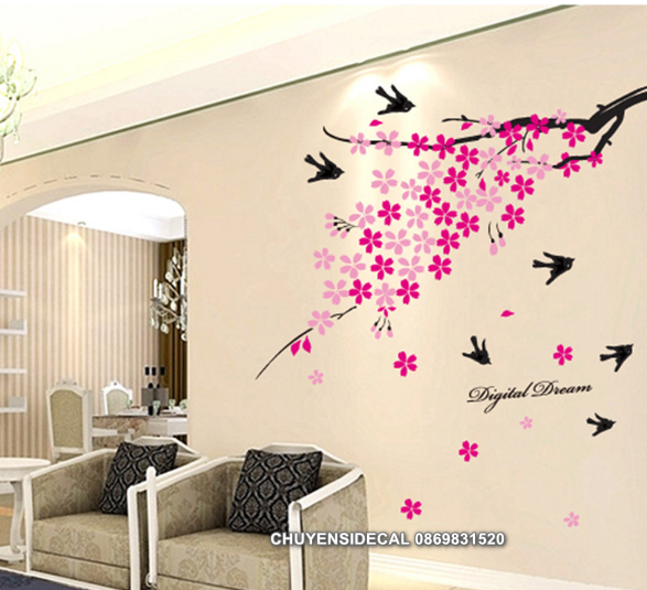 Decal trang trí tường- Cành Cây Hồng sen Chim đen tuyệt đẹp