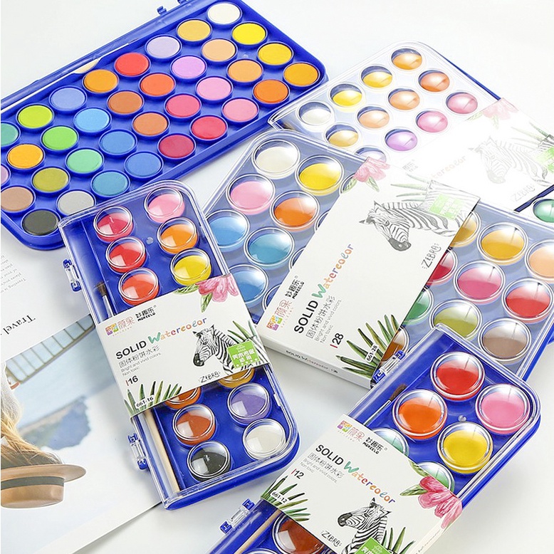 Màu nước dạng nén solid water color 12/16/28/36 màu cao cấp kèm cọ vẽ
