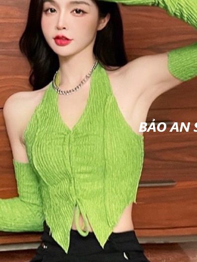 Áo kiểu dây choàng cổ rút dây ngực + tay phối