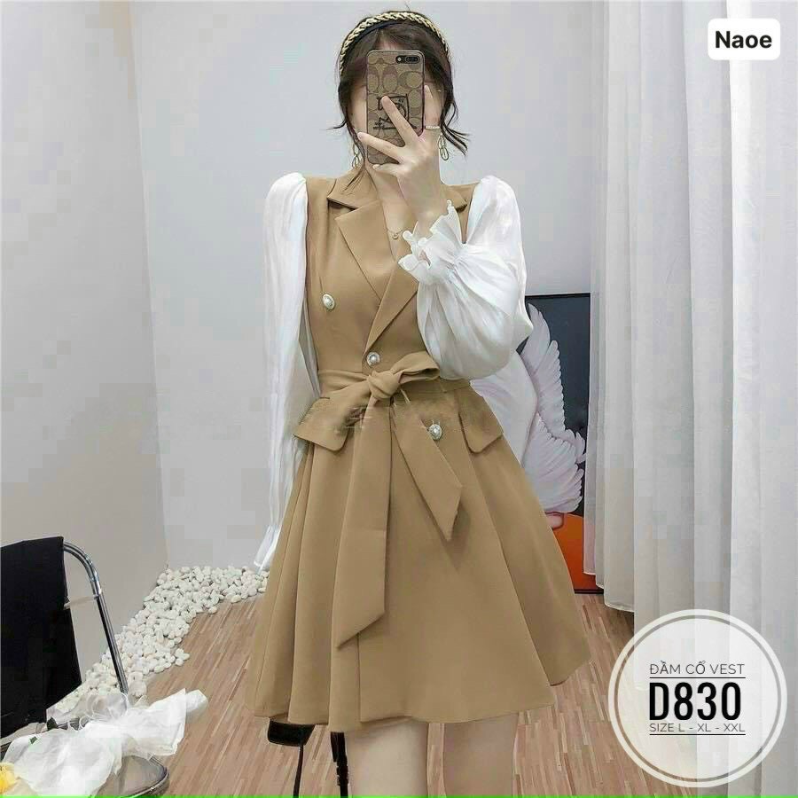 ĐẦM VÁY NỮ CỔ VEST TAY BÈO CÓ DÂY THẮT EO