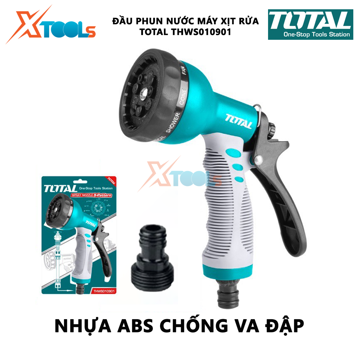 Vòi phun nước đa năng TOTAL THWS010901 Vòi xịt tưới cây 8 tia Bộ công cụ 3/4" Thân nhựa ABS chống va chạm cao với TPR XTOOLs