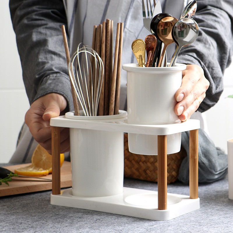 Khay ống đựng đũa thìa đôi sứ trắng decor