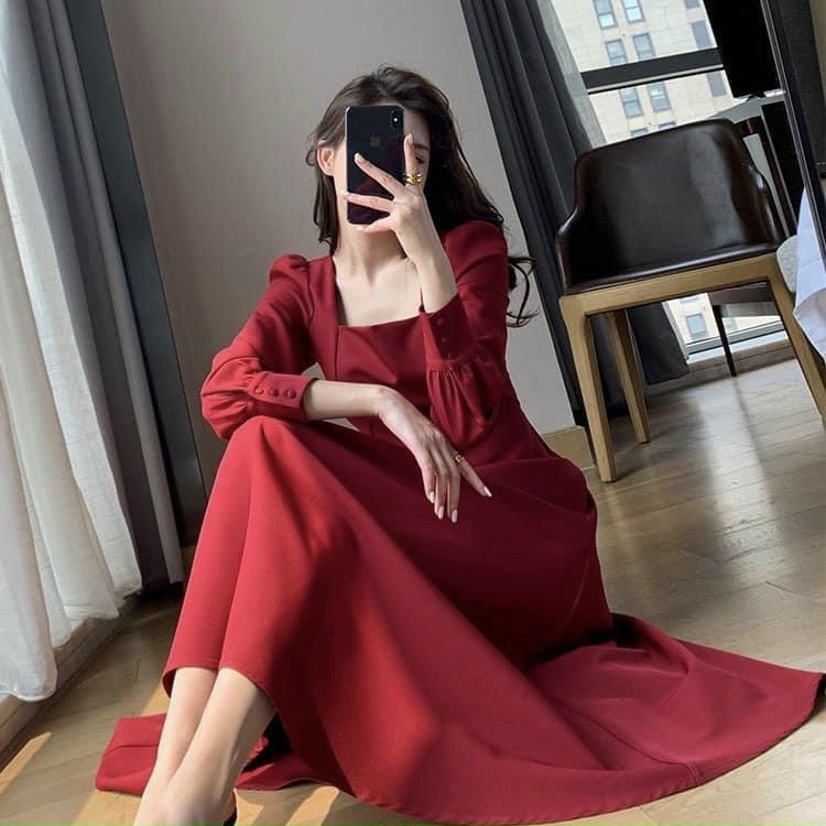 Đầm cổ vuông tay dài 3 màu