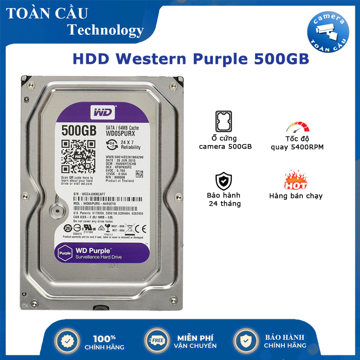 [HCM][100% CHÍNH HÃNG] Ổ cứng Camera HDD Western Purple 500GB tem tím (bảo hành 2 năm) - Camera Toàn Cầu