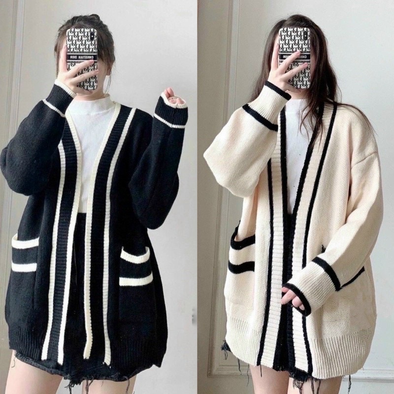 Áo khoác cardigan len dày phối viền Quảng châu