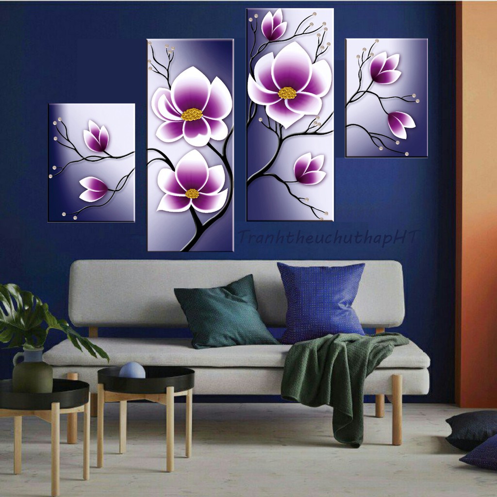 Tranh đính đá bộ hoa sen 4 bức 1m31 x 73cm
