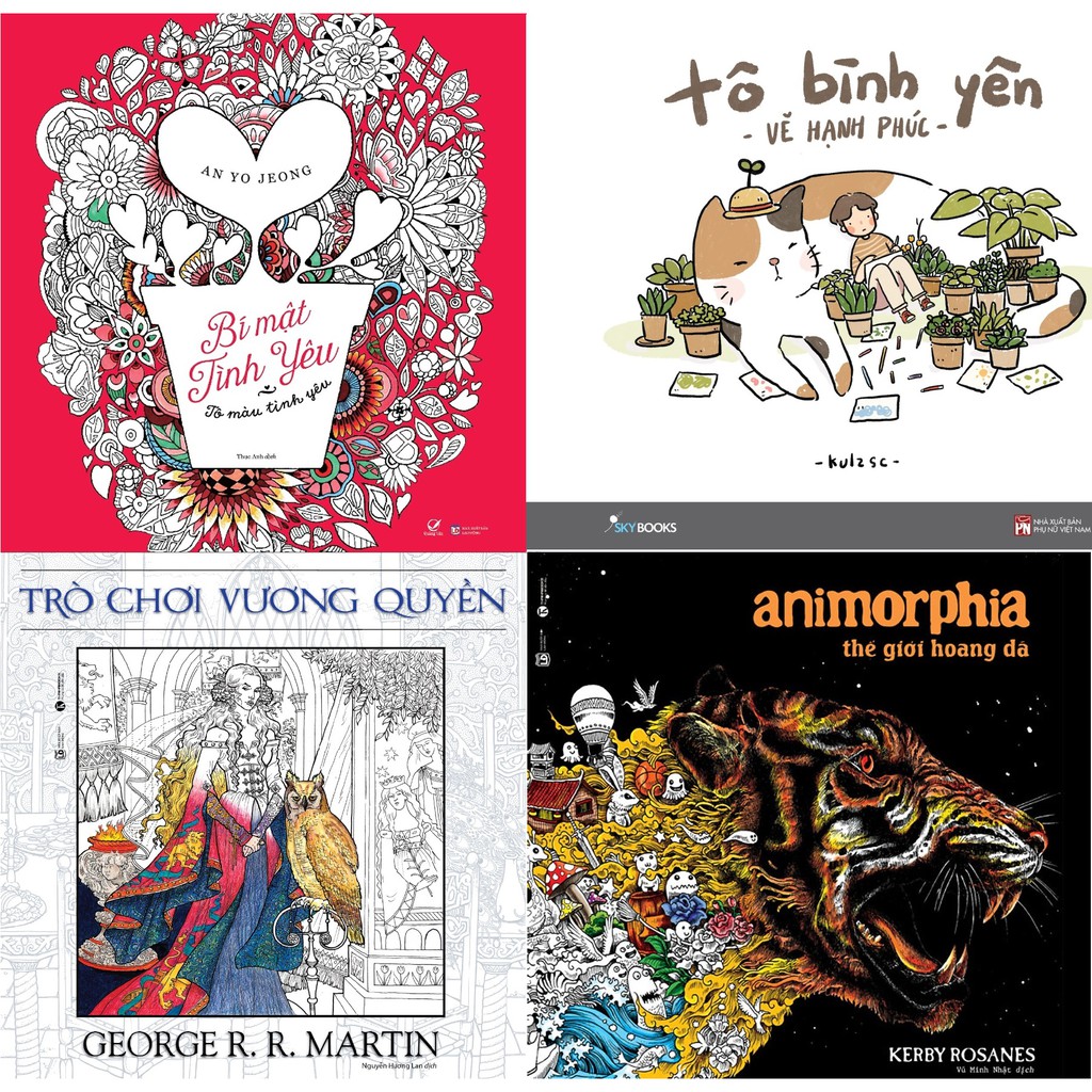 Sách - Combo 4 Cuốn Tô Màu Tô Bình Yên - Bí Mật Tình Yêu - Animorphia - Trò Chơi Vương Quyền