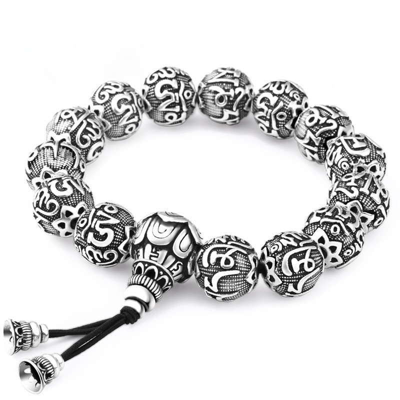 Chuỗi hạt đeo tay khắc chú kèm hồ lô hoa sen mạ bạc cao cấp (16 bi- 12mm)