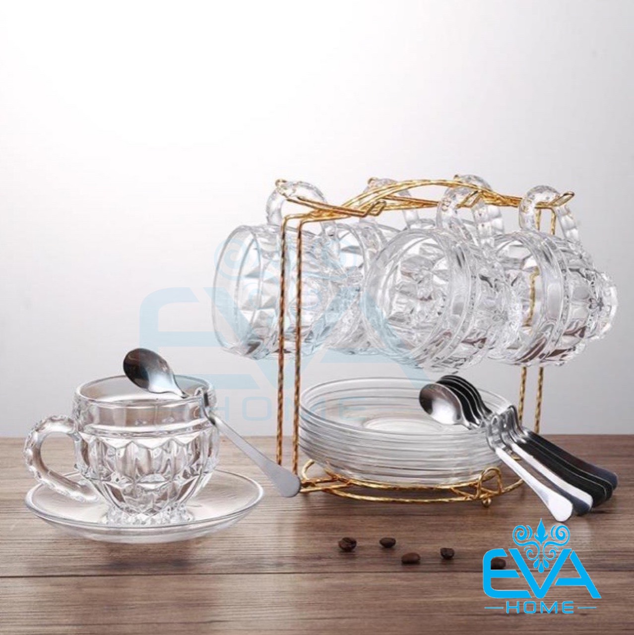Bộ Tách Trà Thuỷ Tinh Pha Lê Cao Cấp Kèm Giá Treo Sang Trọng M3466/ Gồm 6 Ly , 6 Đĩa , 6 Muỗng Và 1 Giá Treo Tiện Dụng
