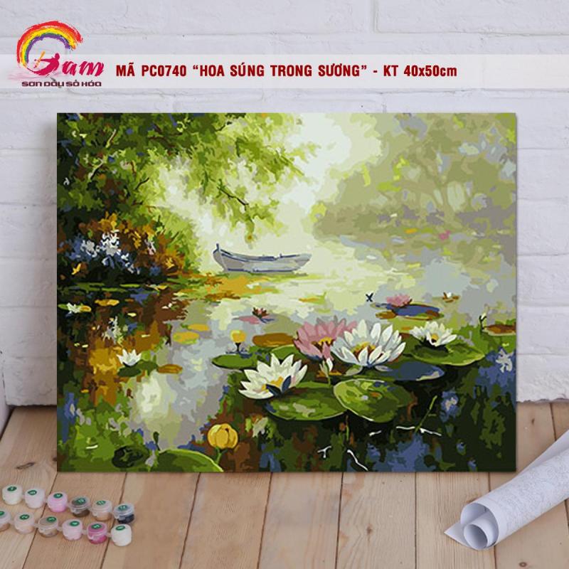 Tranh tô màu sơn dầu số hóa kỹ thuật số DIY Có khung phong cảnh hồ nước mùa xuân - Mã PC0740 Hoa súng trong sương Tranh Trang trí Sang trọng Làm quà tặng Giảm Stress