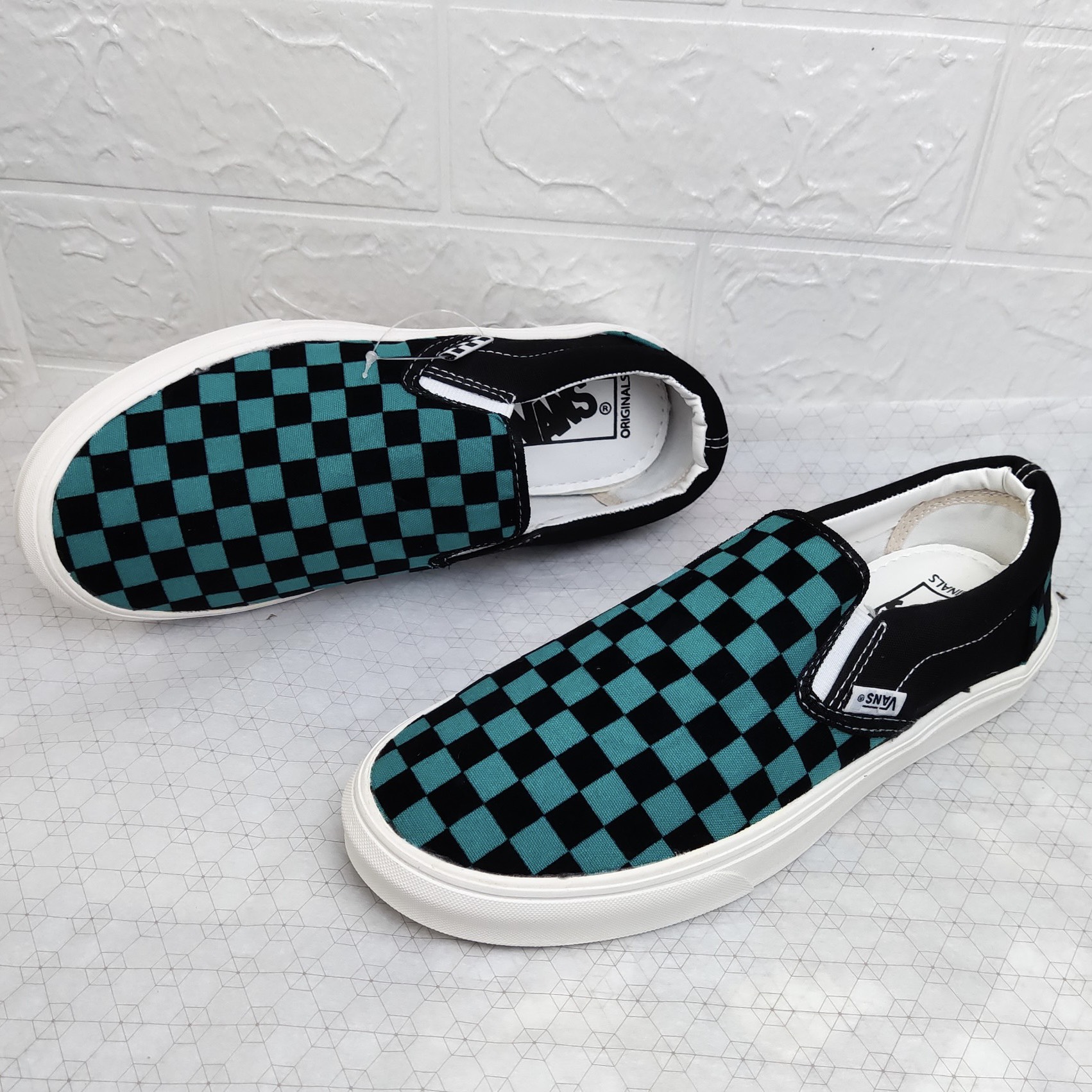 Giày thể thao vans slipon caro xanh đen, giày lười caro xanh đen nam nữ fullbox