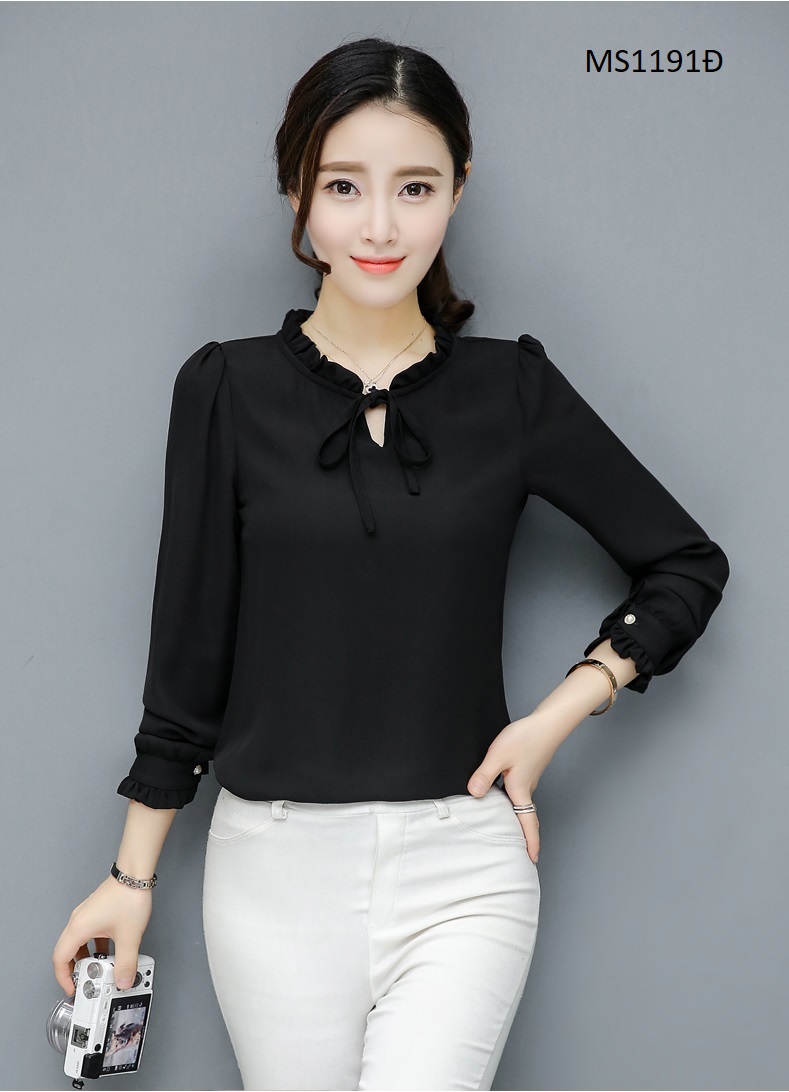 Áo Sơ Mi Nữ Kiểu Cổ Bèo Tay Dài Thắt Nơ