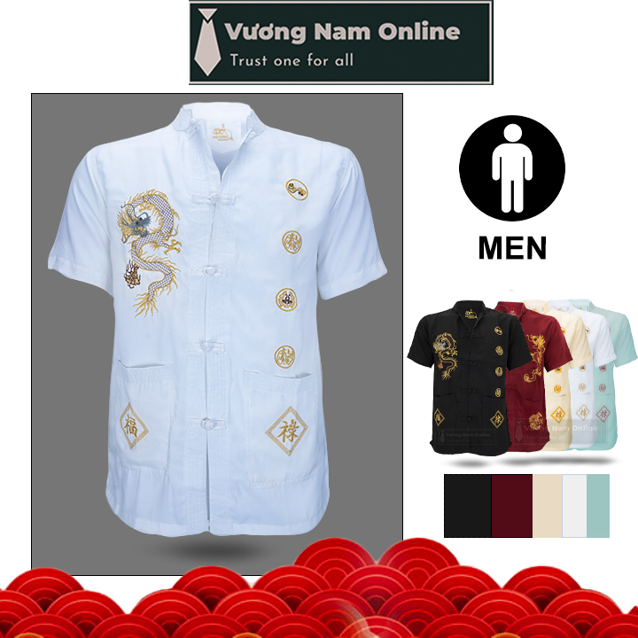 Áo sơ mi nam trung niên đũi form rộng cao cấp ngắn tay họa tiết thêu rồng