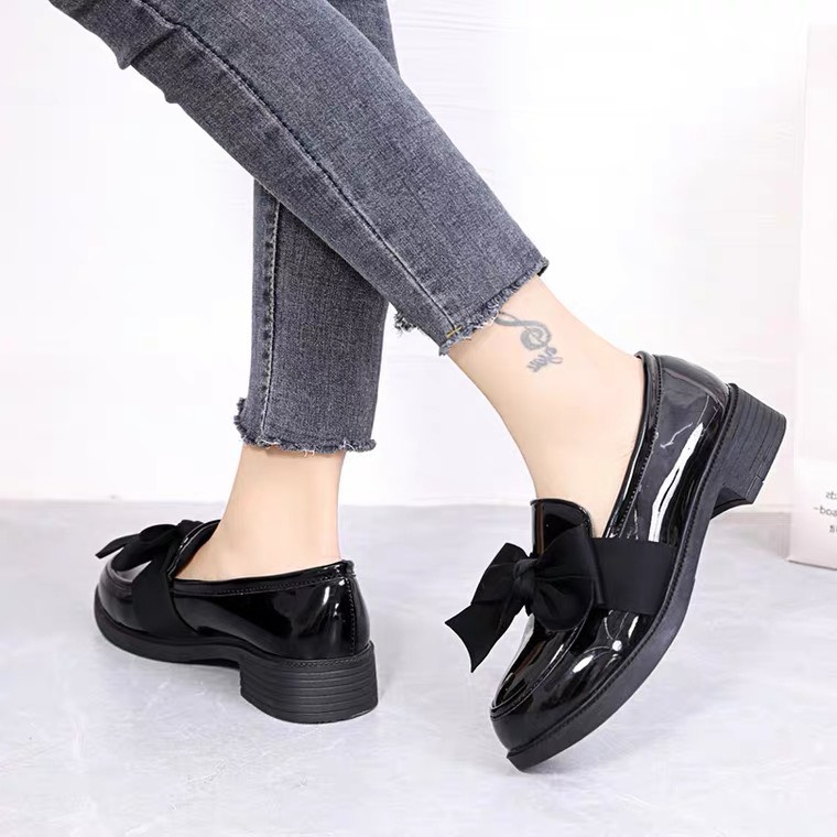 Giày búp bê nữ đế đốc 3p nơ lụa da bóng dễ vệ sinh