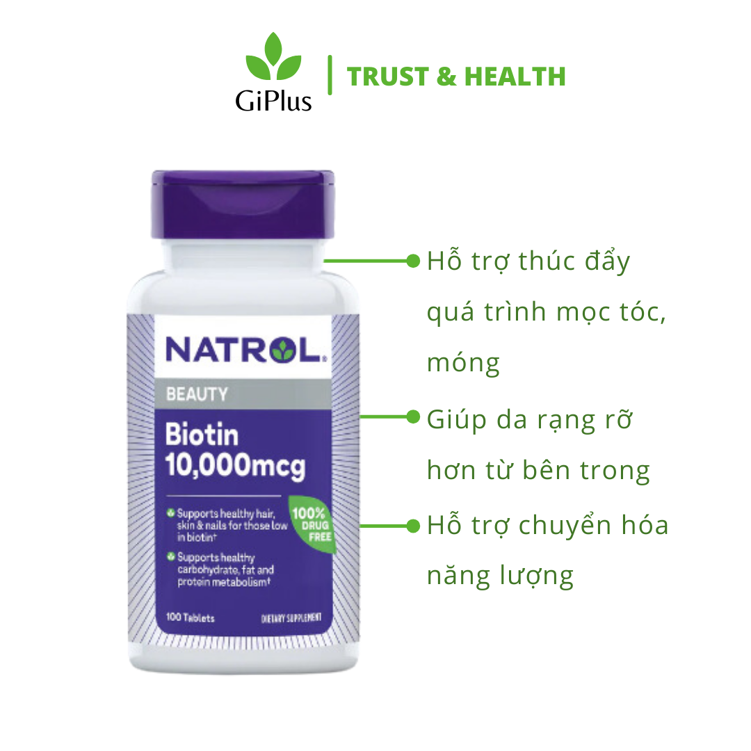 Viên Uống Hỗ Trợ Mọc Tóc, Móng Natrol Biotin 10.000mcg (100 Viên/Lọ)