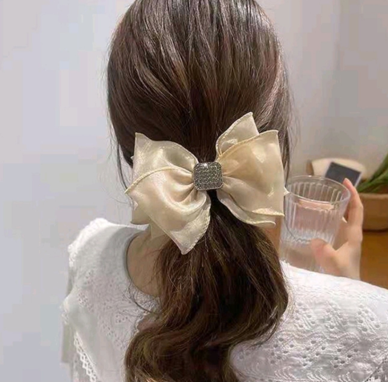 Dây Buộc Tóc Thắt Nơ Voan Đính Đá Phong Cách Tiểu Thư