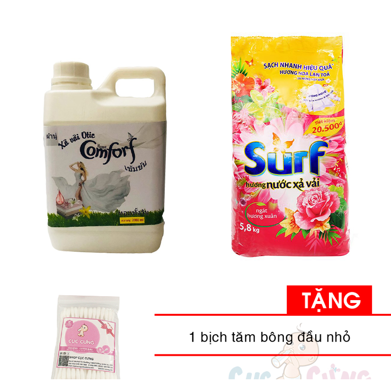 Set nước xả vải hương comfort thái lan 2000ml màu trắng + xà bông giặt đồ surf - bột giặt surf 5.5kg tặng 1 bịch tăm bông đầu nhỏ