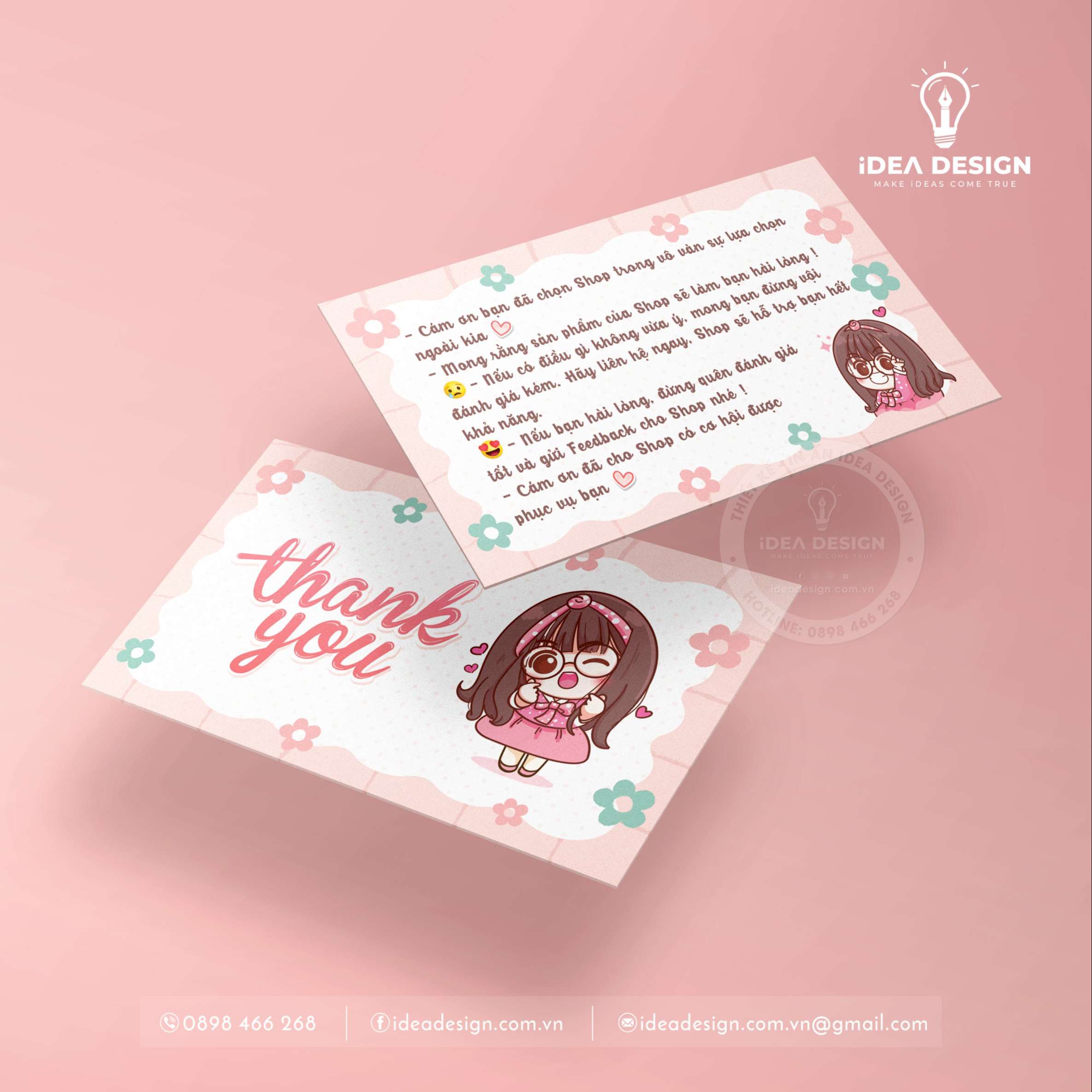 Card Cám Ơn, Card Thank You, Thiệp Cám Ơn, Thiệp Thank You - Size 9x 5.4cm Chất Liệu C300 Cán Màn Mờ 2 Mặt, Cô Gái Dễ Thương - iDea Design