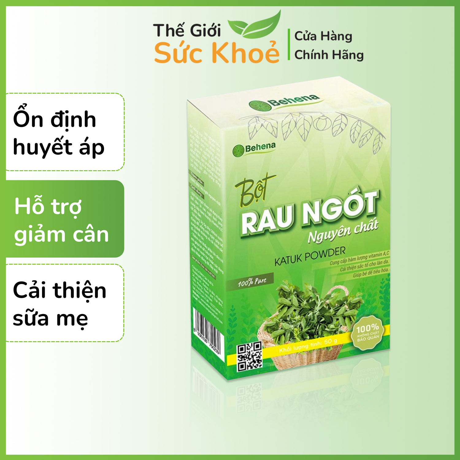 Bột rau ngót Behena sấy lạnh 50g, bột rau ngót thanh nhiệt, giải độc, lợi tiểu, bổ huyết, nhuận trànġ