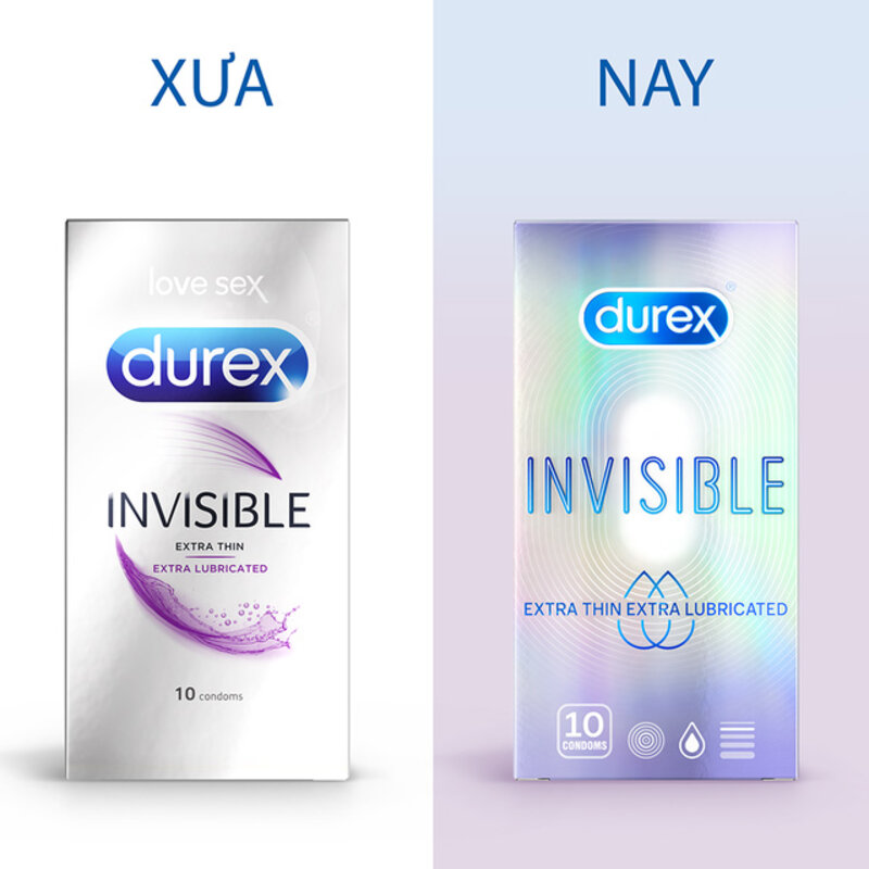 Bao Cao Su Durex Invisible Extra Lube (Trắng Tím) Hộp 10 Cái