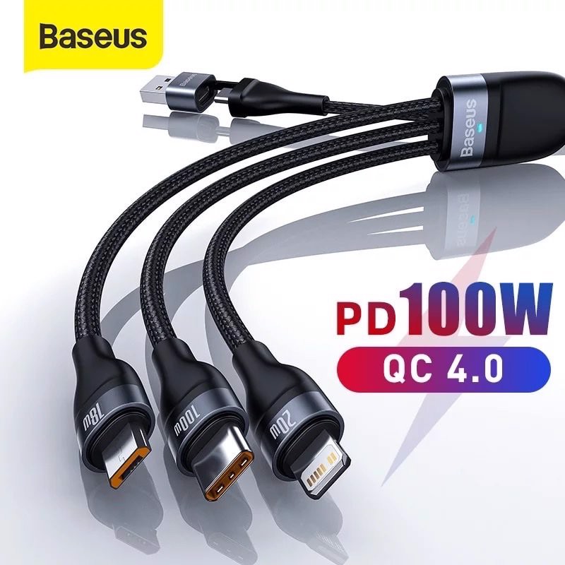 Cáp Sạc Nhanh 3 Đầu Baseus 100W 3 in 2 (USB + Type C to Micro + LN + Type-C)
