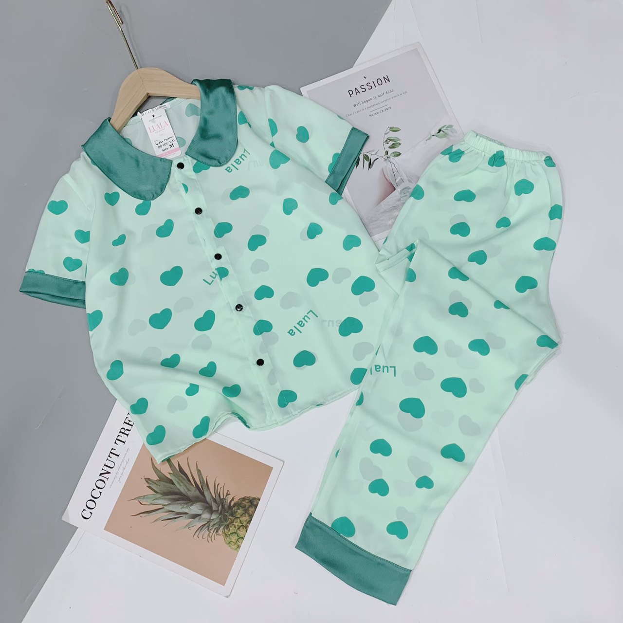 Bộ Pijama Lụa Satin / Mango Phối Hàn - Bộ Mặc Nhà Cộc Dài