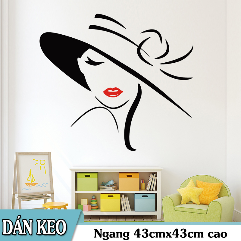Decal trang trí tường - cô gái nón đen môi đỏ qúy phái