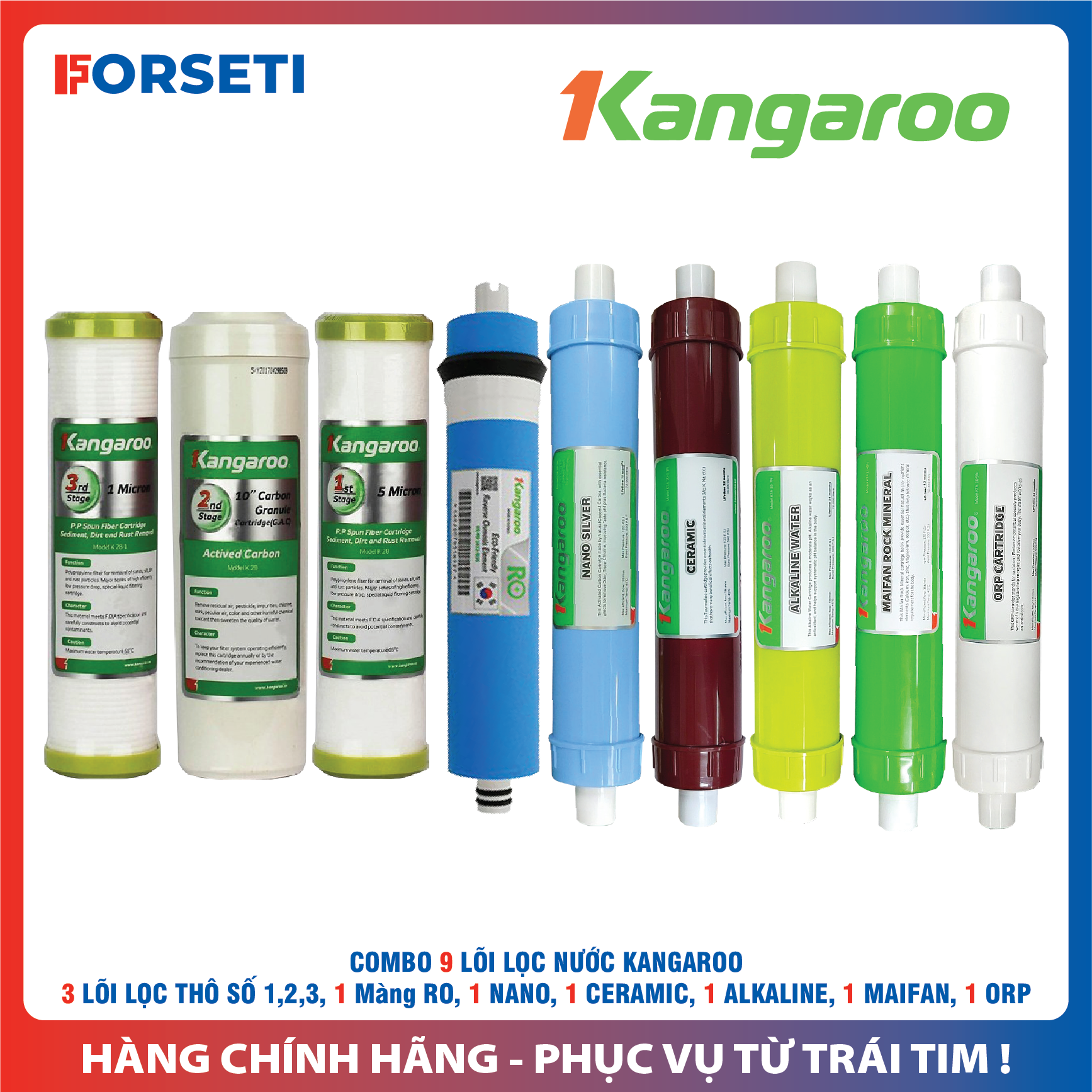 Combo 9 Lõi Lọc 123RO56789 KANGAROO (123, Màng RO50GPD, Nano, Ceramic, Alkaline, Maifan, ORP) Kèm Cút Nối Nhanh (Combo cho KH đang dùng lõi chức năng vặn ren cũ)