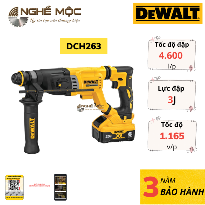 Dewalt DCH263 Máy khoan động lực, khoan búa, khoam bê tông dùng pin