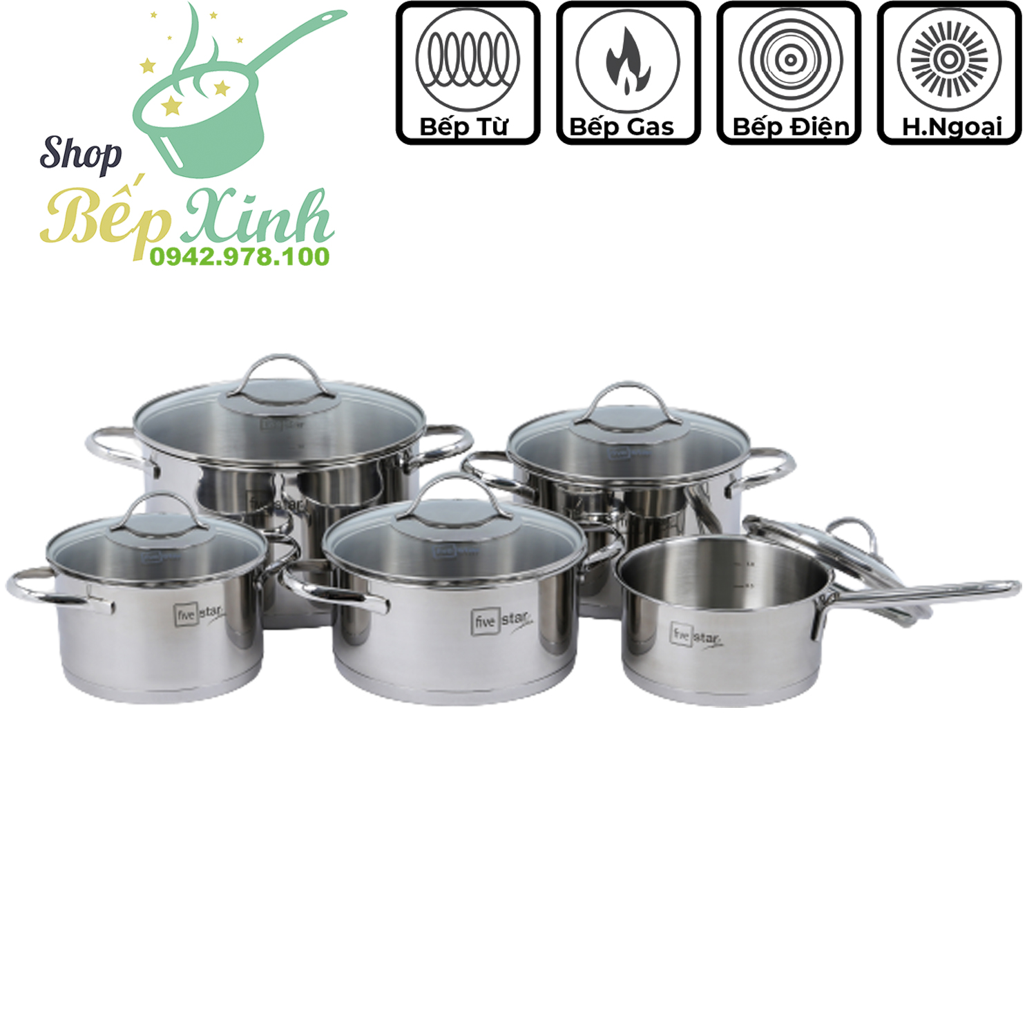 Bộ nồi inox 304 cao cấp FiveStar Plus kiểu Silit quai oval 5 món nắp kính , dày 0.8mm , 3 đáy dùng được mọi bếp , tặng 1 vá canh - Shop Bếp Xinh