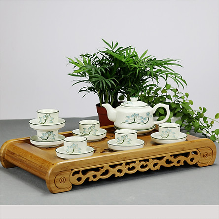 Bộ ấm chén men kem vẽ sen xanh