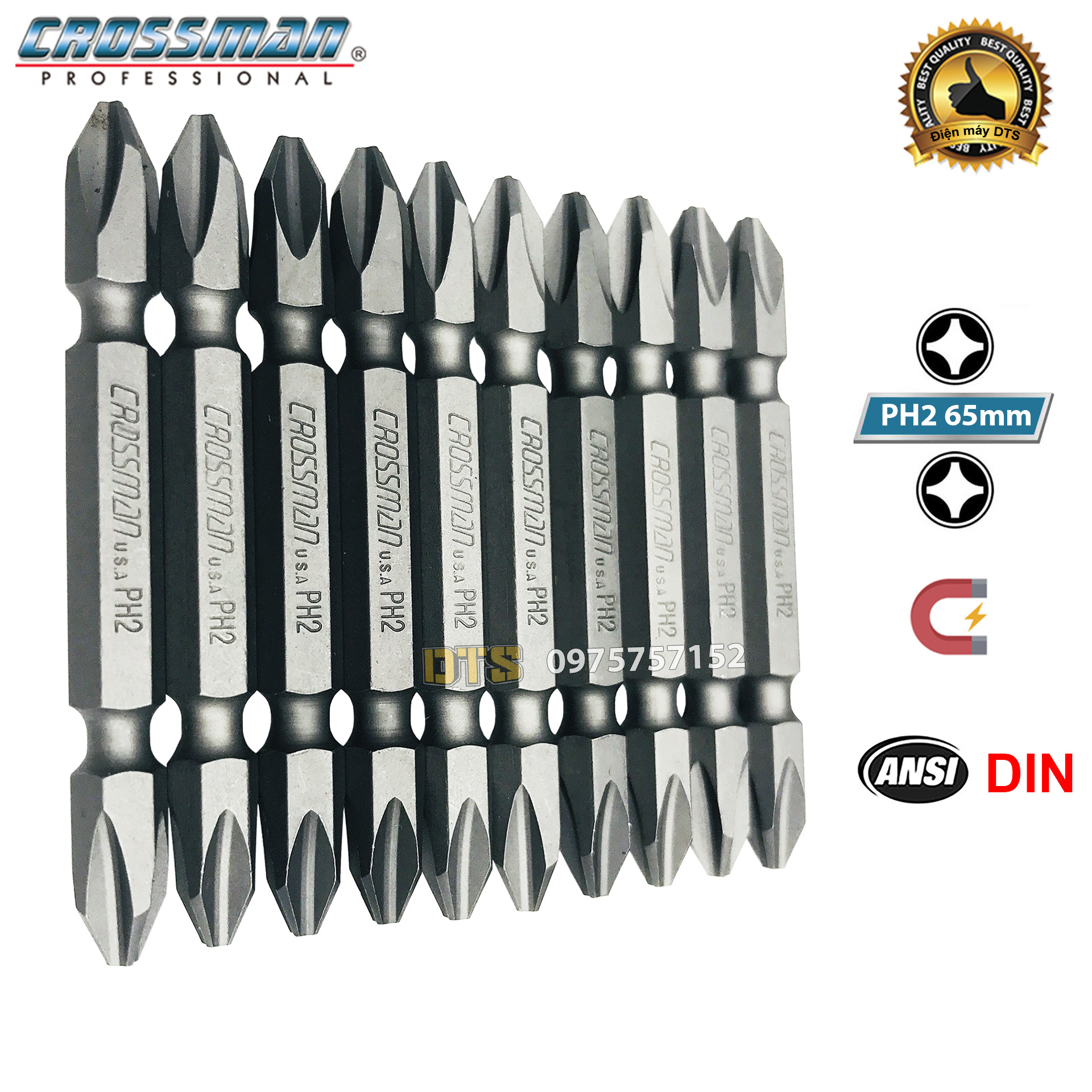 Bộ 10 mũi vít 2 đầu 4 cạnh PH2 Crossman U.S.A dài 65mm, mũi bắt vít bake nam châm thép S2 siêu cứng thân lục giác 6.35mm, mũi bắn vít Crossman PH2, mũi vít PH2x65mm đầu bắt vít 4 cạnh đầu bake có từ chống gỉ chống tòe chống va đập