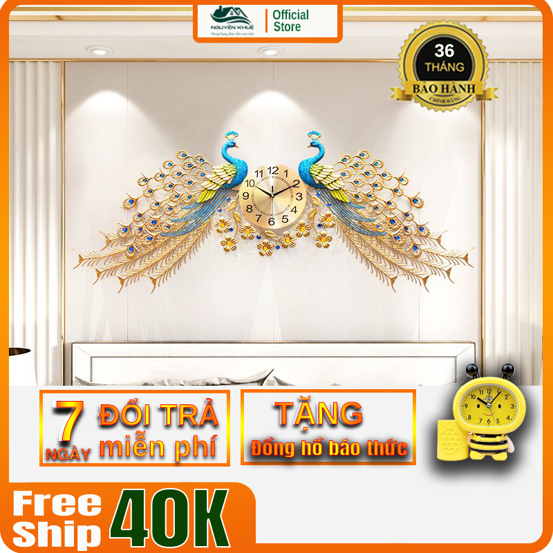 Đồng hồ trang trí phòng khách đẹp HATECO, chim công đôi, mẫu đồng hồ treo tường sang trọng phù hợp với trang trí nội thất phòng khách, trang trí phòng ngủ, làm quà tặng, mừng tân gia, mừng đám cưới bán chạy