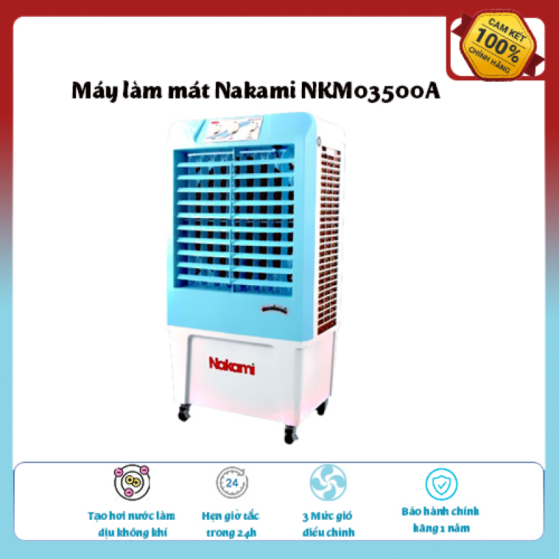 Máy làm mát Nakami NKM03500A Loại quạt: Quạt điều hòa , diện tích làm mát 20 – 25 m2, Tạo hơi nước làm dịu không khí,Tốc độ gió: 3 mức, Đảo gió 4 chiều