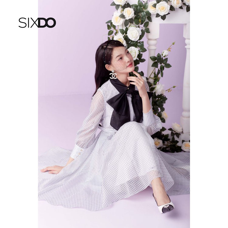 Đầm sơ mi kẻ caro phối nơ cổ SIXDO (White Check Bowtie Midi Dress)