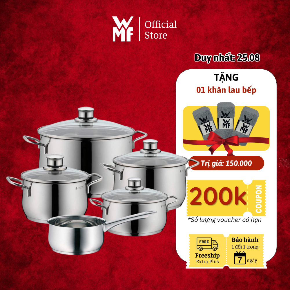 Bộ nồi thép cao cấp wmf diadem plus 5 món chất liệu thép không gỉ cromargan cao cấp dùng cho mọi loại bếp - 0730356040