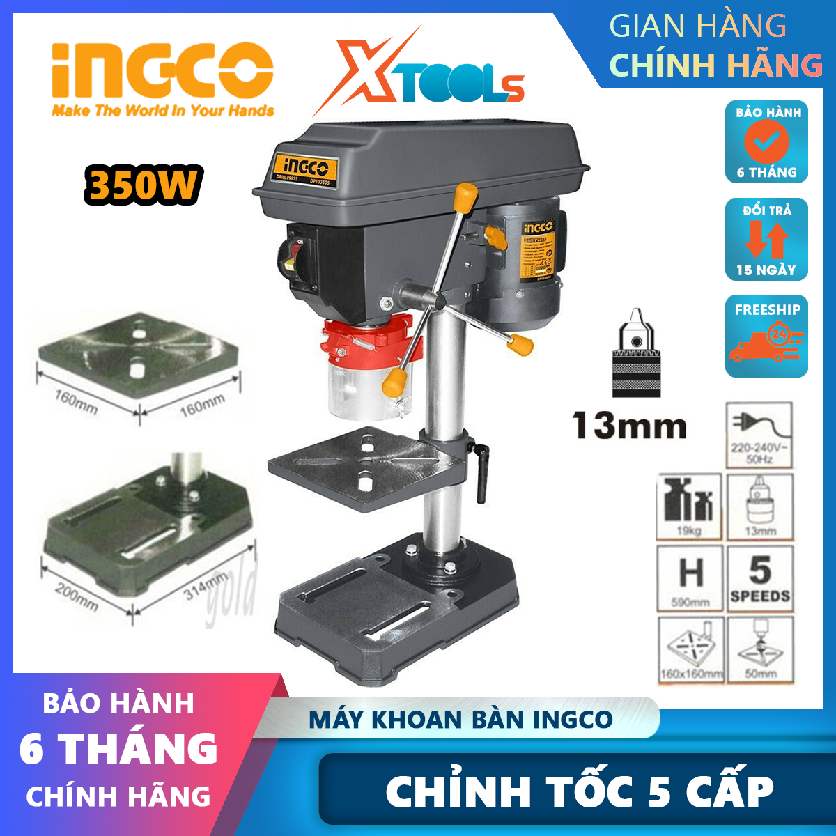 350W ingco dp133505 table drill 13 mm electric drill bits 5 speed levels 46 mm cylinder diameter 590mm high 160mm drill table 160x mm