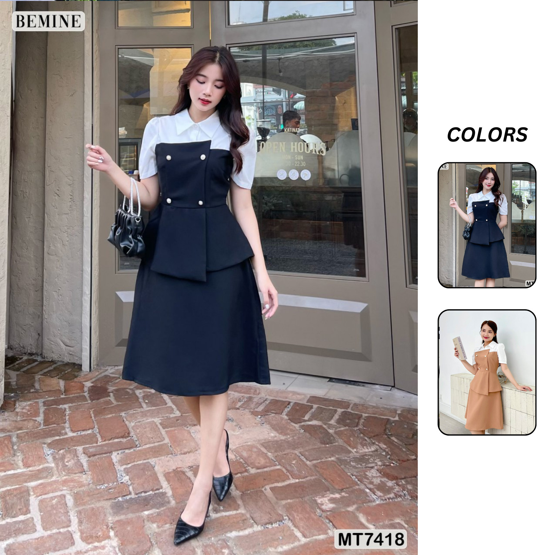 [ DUY NHẤT 6-8.06-VOUCHER 40K]Đầm công sở cổ phối ngắn tay BEMINE MT7418