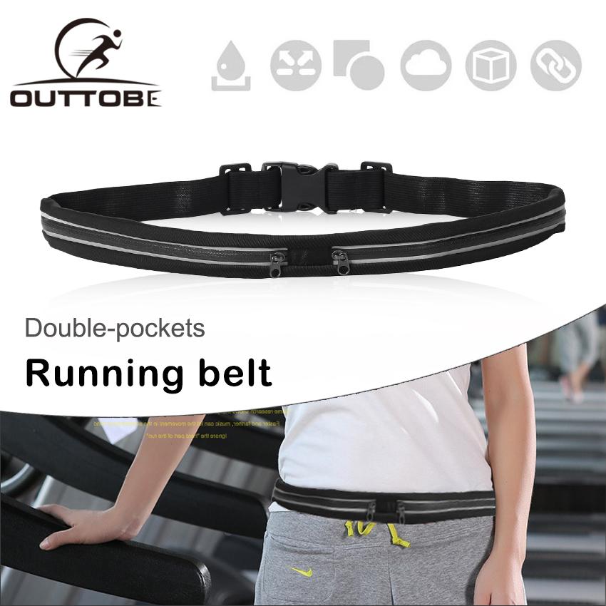 Outtobe Sports Running Belt Waist Bag Outdoor Dual Pouch Sweat-proof Reflective Waist Pack Fitness Workout BeltAdjustable Running Pouch Belt with zipper for Jogging Gym Marathon