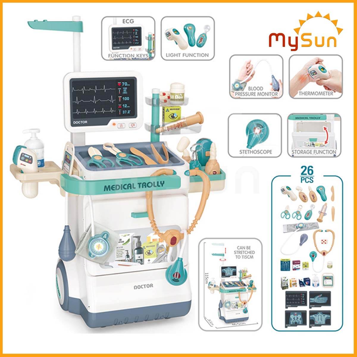 Bộ đồ chơi xe đẩy bác sĩ có ống nghe bác sỹ cao cấp cho bé trai, gái