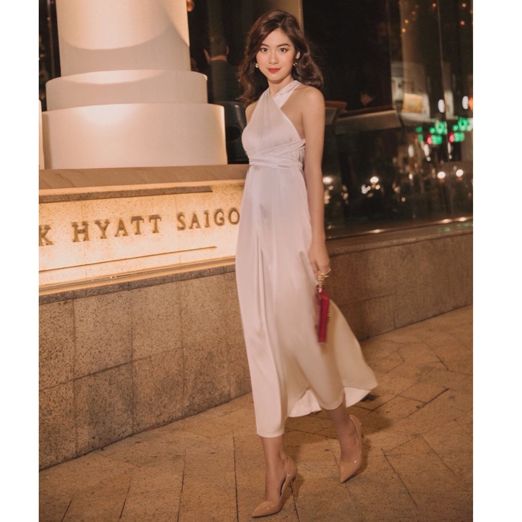 [Ảnh thật] Đầm maxi cột nơ chéo xẻ tà hở lưng mặc được 2 kiểu