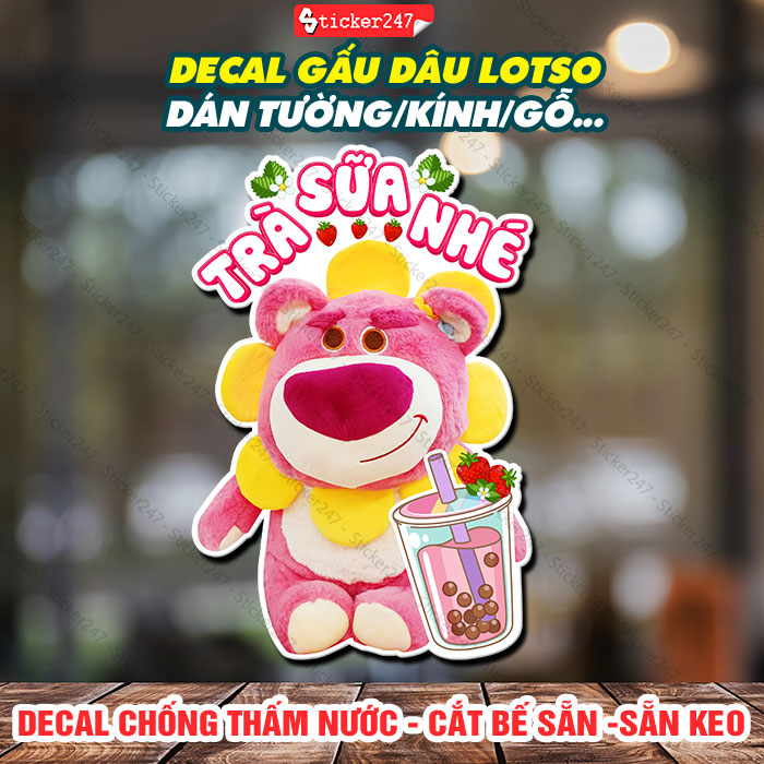 Decal gấu dâu ôm ly trà sữa trang trí quán – sticker gấu dâu ôm ly trà sữa , decal dán tường, tủ, kính, quầy, xe trà sữa, xe cà phê - f43