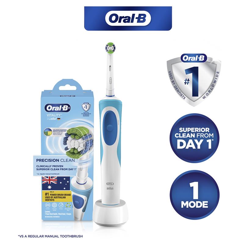 Bàn chải đánh răng điện Oral-B Vitality Precision Clean là loại bàn chải điện làm sạch sâu từ kẽ răng giúp răng trắng sáng tự nhiên quatangme-com-vn