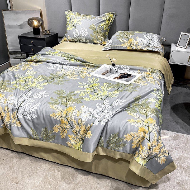 Bộ chăn ga gối lụa thái 4 món, chăn trần bông, chất liệu lụa mềm mịn mát by heo