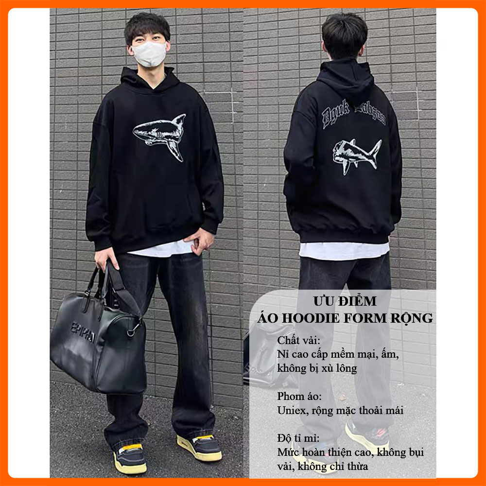 [Hoàn Tiền 15%] Áo Hoodie Form Rộng Nam In Hình Cá Mập